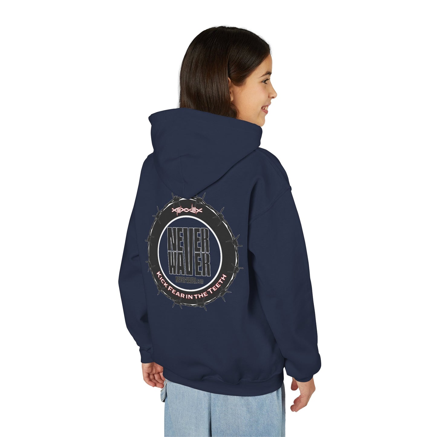 NEVER WAVER KICK FEAR IN THE TEETH Youth Heavy Blend Hooded Sweatshirt