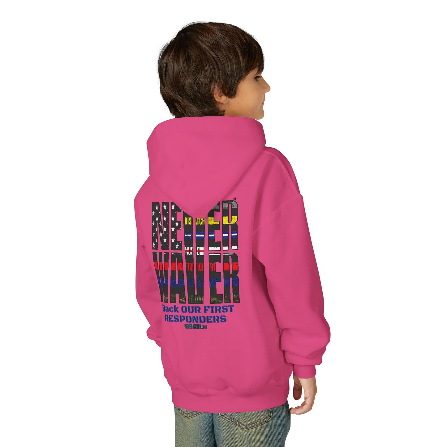 Never Waver Always Back Our First Responders Vintage-Inspired Youth Hoodie with American Flag Design