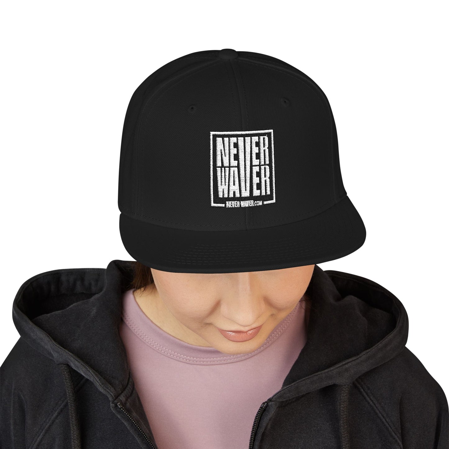 Never Waver Embroidered Square Script Snapback Hat — Bold Monochrome Streetwear
