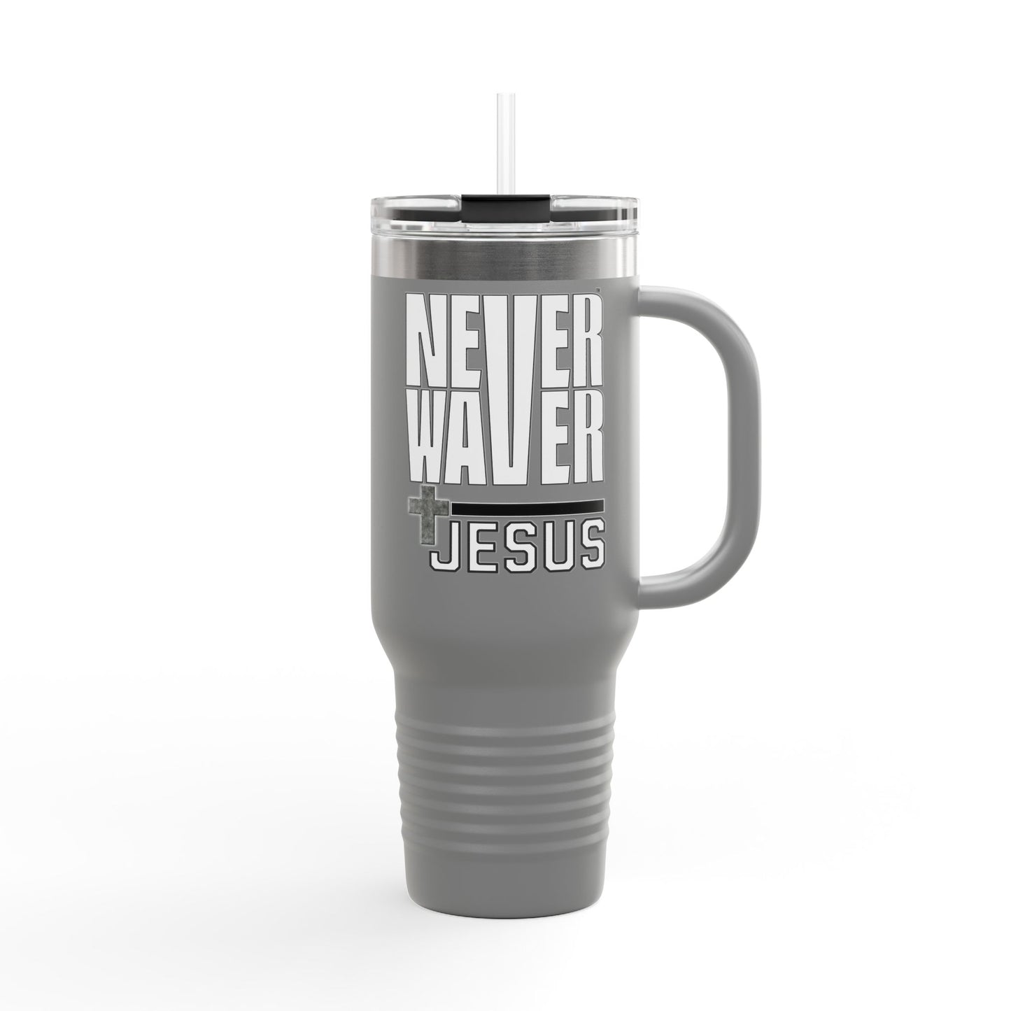 "Never Waver” Jesus Insulated Travel Mug -a bold, eye-catching design that reflects a steadfast faith and confidence in Christ. " - 40oz Sporty Drinkware