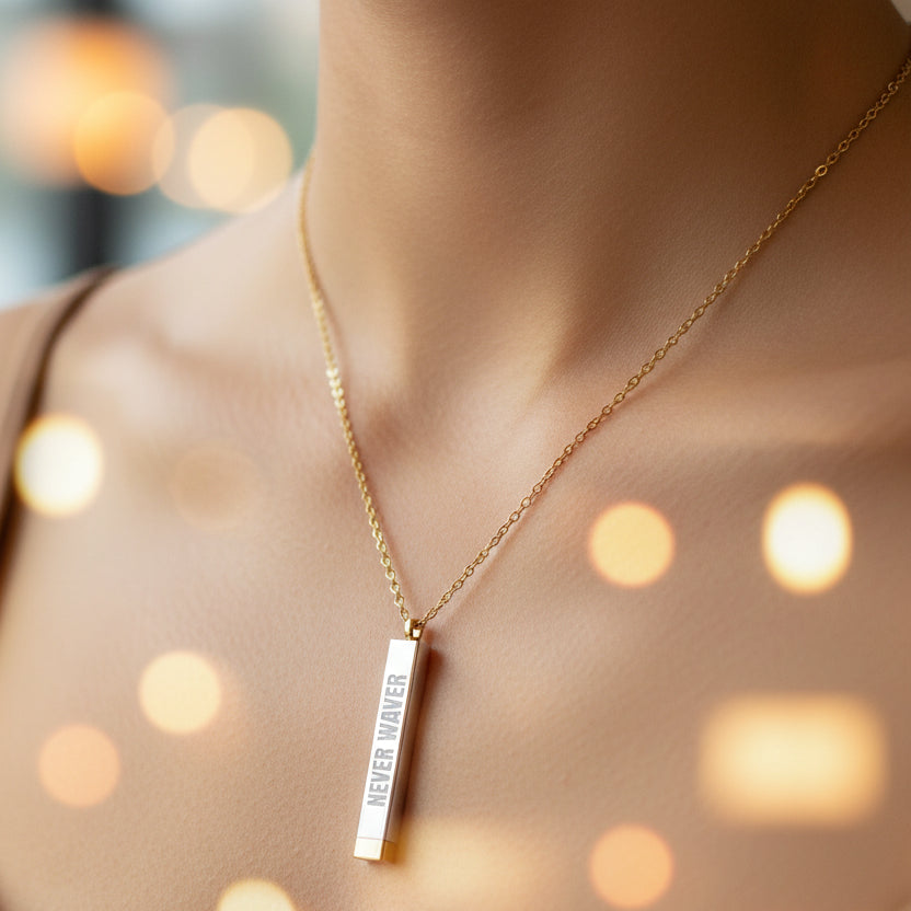 Never Waver Hidden Message Sliding Bar Necklace — Engraved "Never Waver"|"Believe"