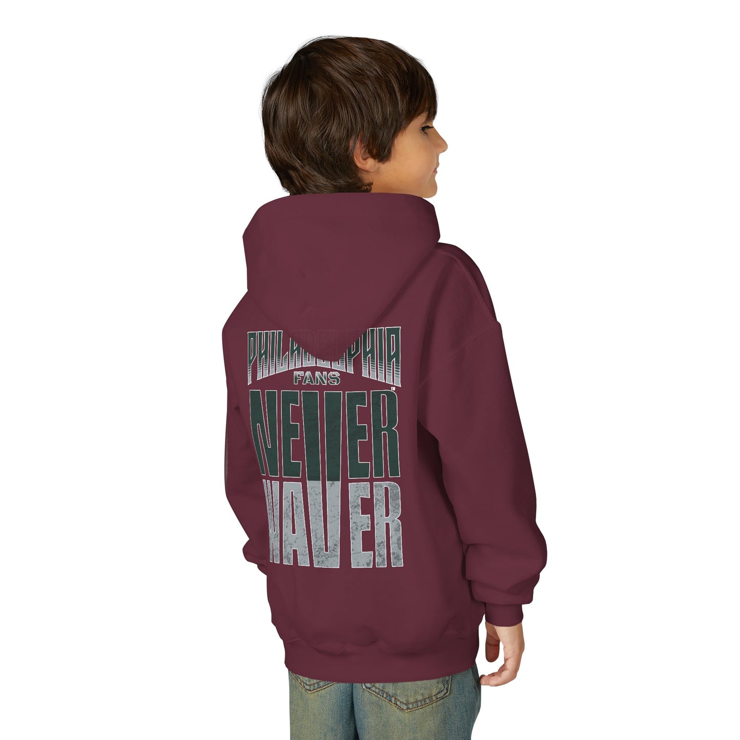 Philadelphia Fans Never Waver Youth Heavy Blend Hooded Sweatshirt