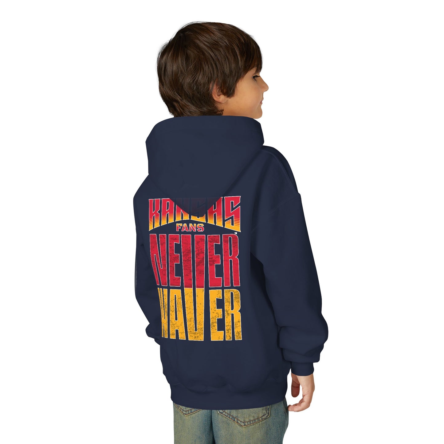Kansas Fans Never Waver Youth Heavy Blend Hooded Sweatshirt