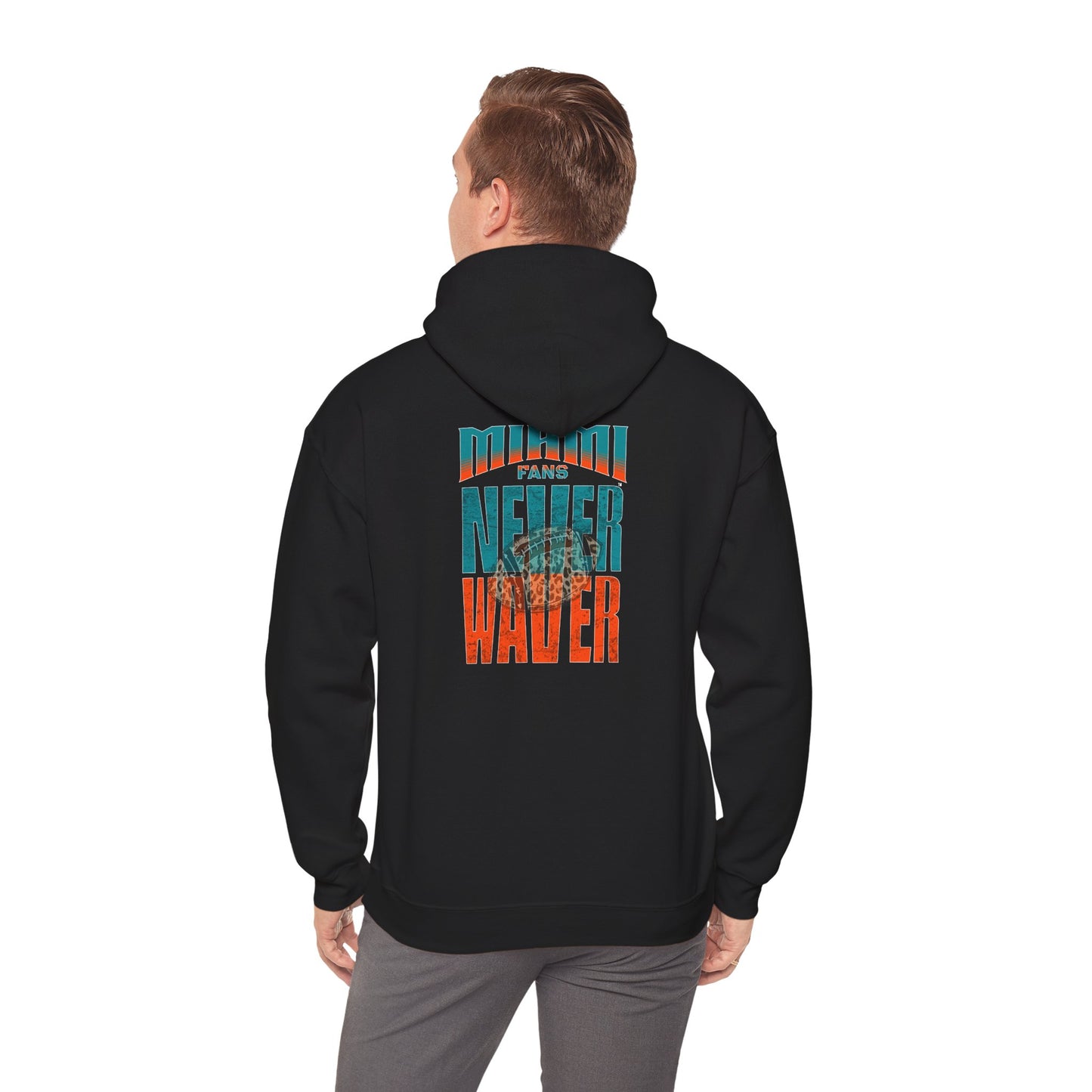 Miami Fans  NEVER WAVER w Leopard Football | Cozy Streetwear for Every Day Unisex Heavy Blend™ Hooded Sweatshirt -