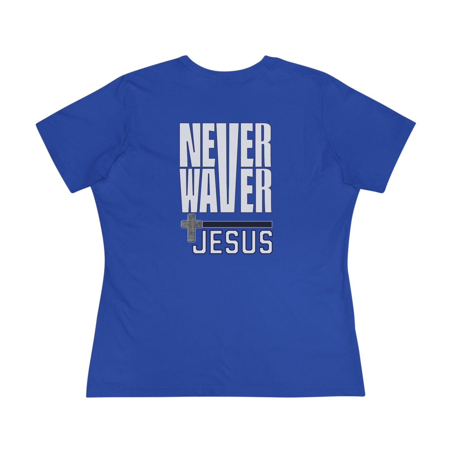 Never Waver” Jesus bold, eye-catching design that reflects a steadfast faith and confidence in Christ. Women's Cotton Tee