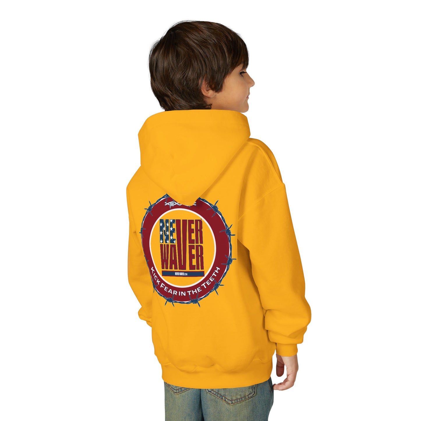 NEVER WAVER KICK FEAR IN THE TEETH Youth Heavy Blend Hooded Sweatshirt