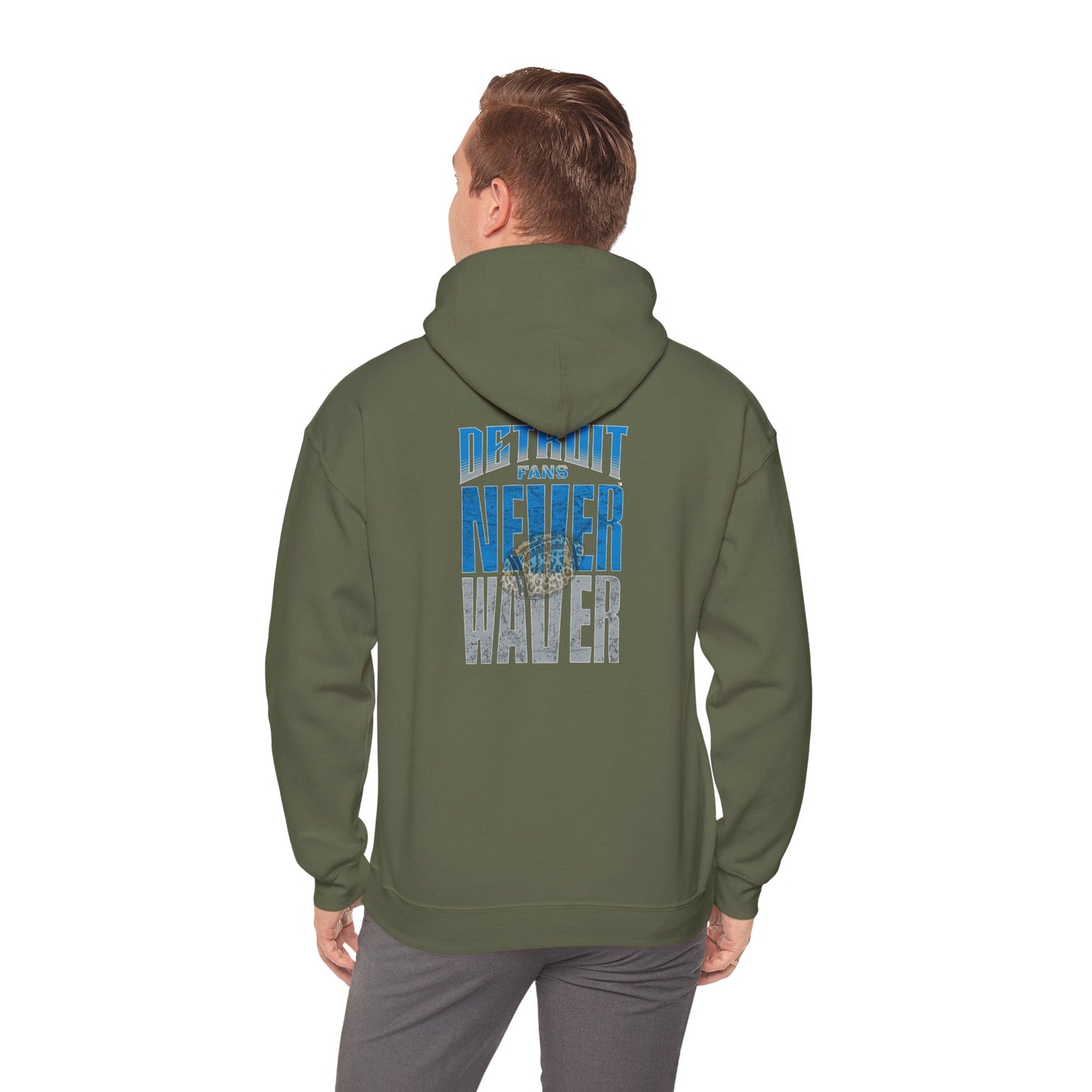 "Detroit Fans NEVER WAVER w Leopard Football" Inspirational Wear Unisex Heavy Blend™ Hooded Sweatshirt