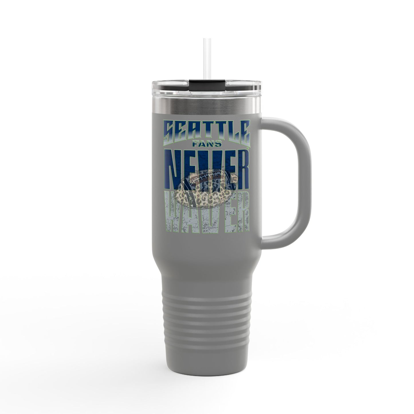 Seattle Fans Never Waver w Leopard Football Insulated Mug, 40oz