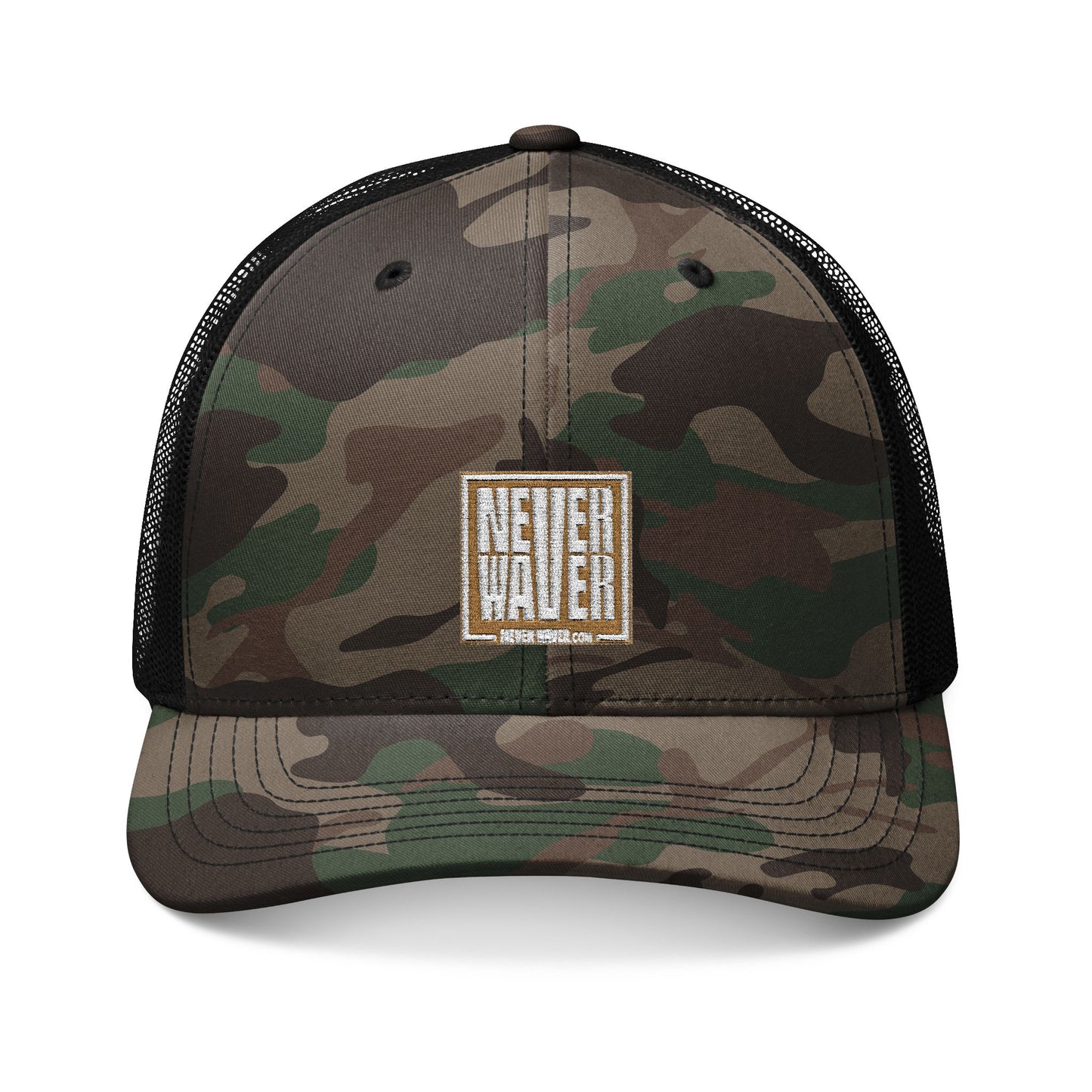 Never Waver Camo Trucker Hat — Embroidered Rustic Patch Cap