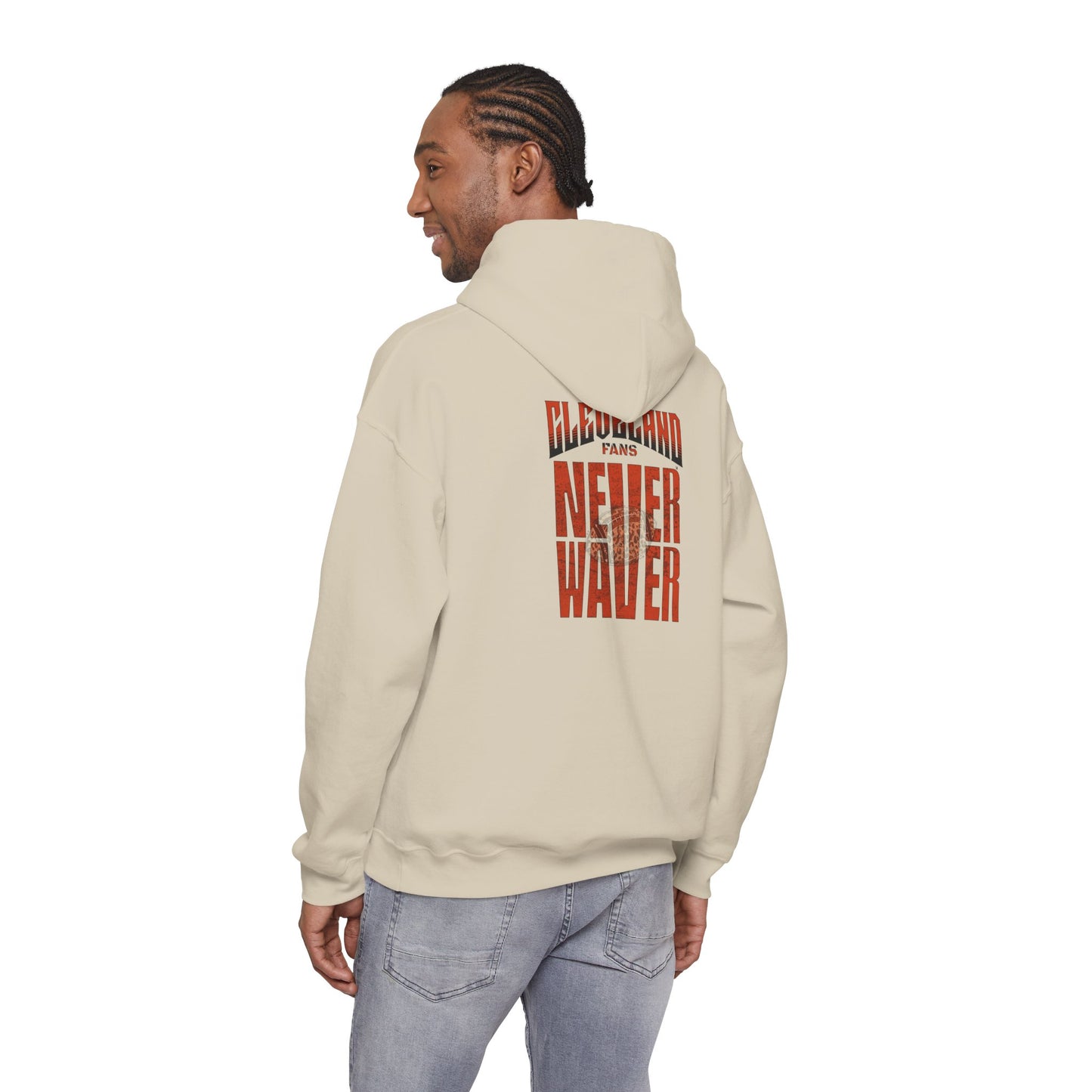 Cleveland Fans Never Waver w Leopard Football Unisex Hoodie - Cozy Heavy Blend Sweatshirt for Comfort and Style