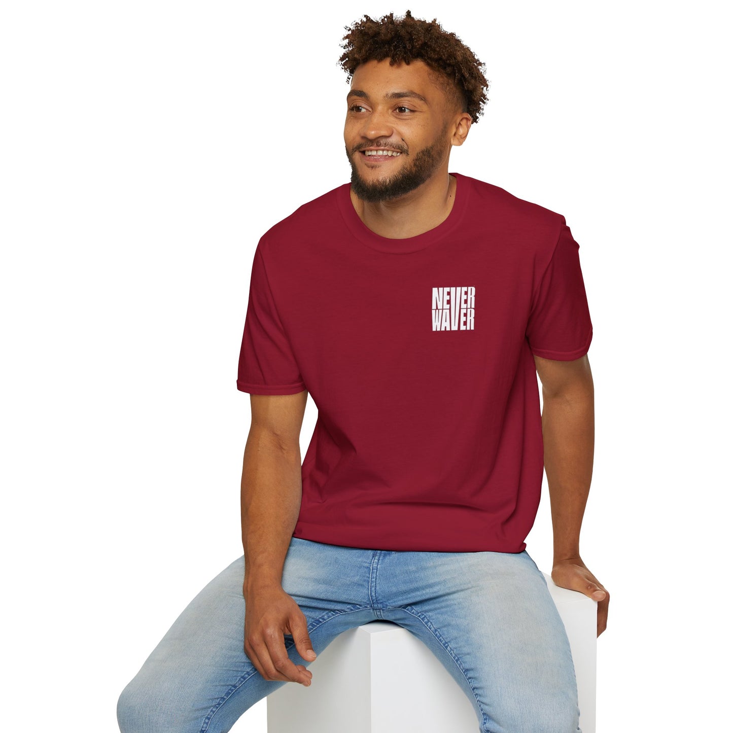 Never Waver” Jesus a bold, eye-catching design that reflects a steadfast faith and confidence in Christ.  Unisex Soft style T-Shirt