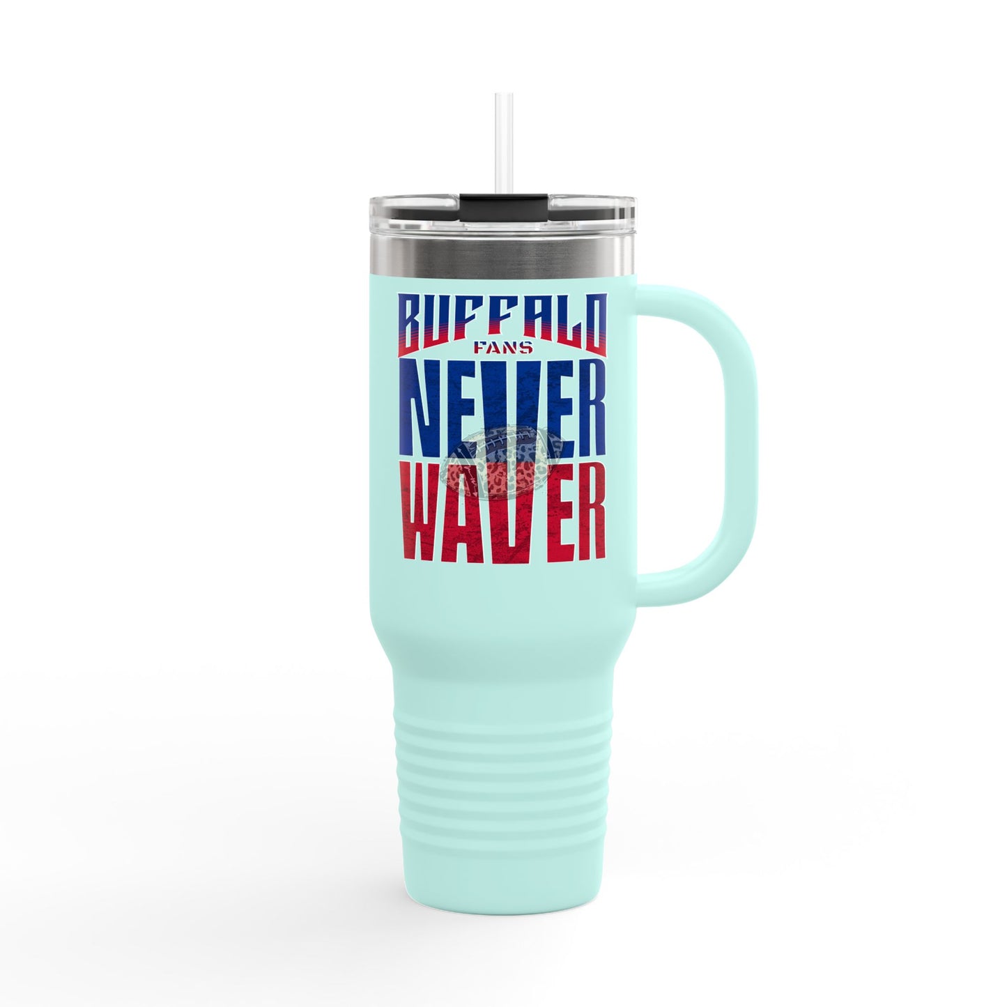 Buffalo Fans Never Waver W- Leopard football nsulated Travel Mug, 40oz