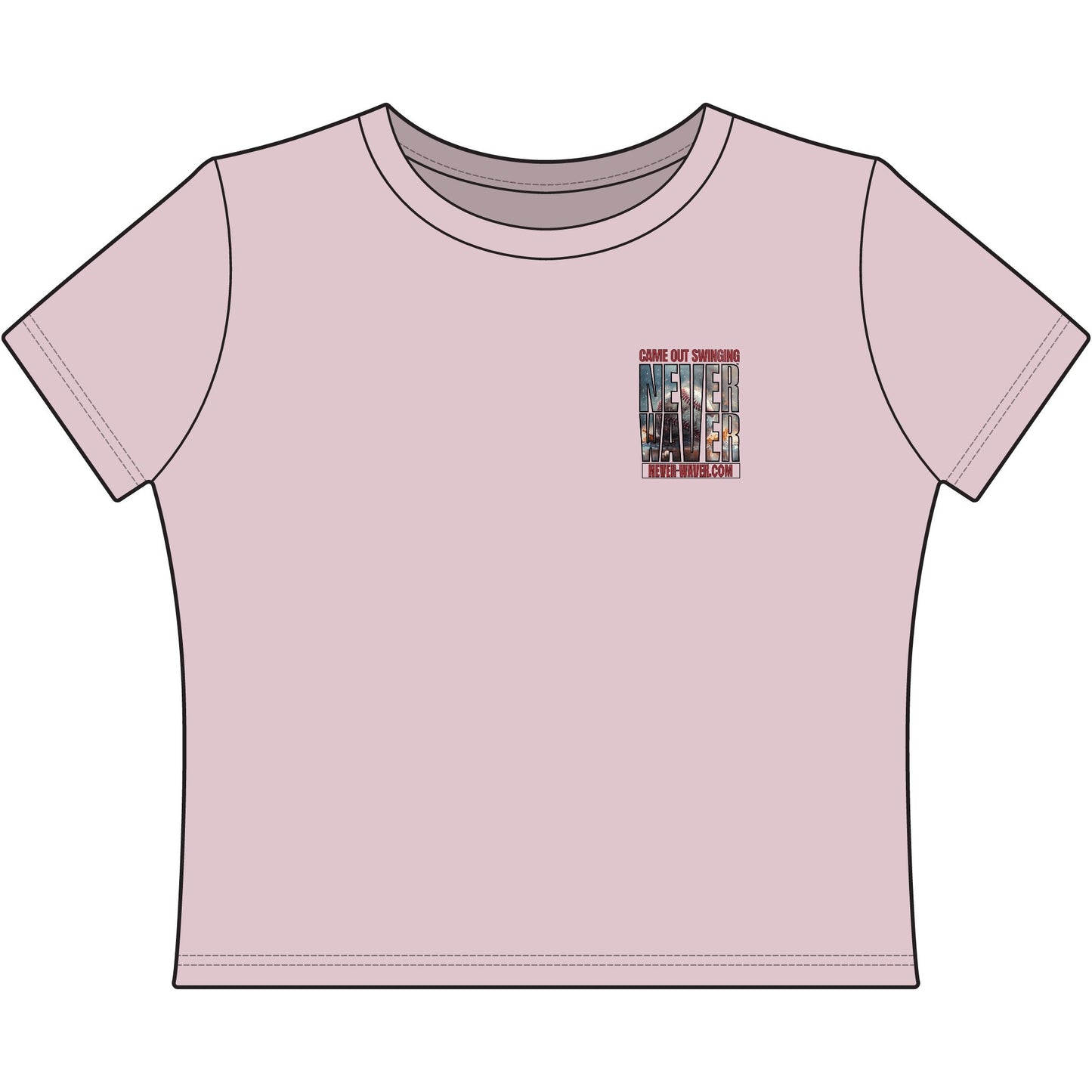 Women's Crop Tee — "Never Waver" Baseball Graphic Tee (Came Out Swinging)