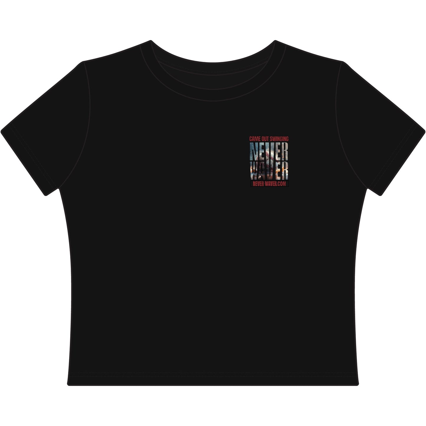 Women's Crop Tee — "Never Waver" Baseball Graphic Tee (Came Out Swinging)