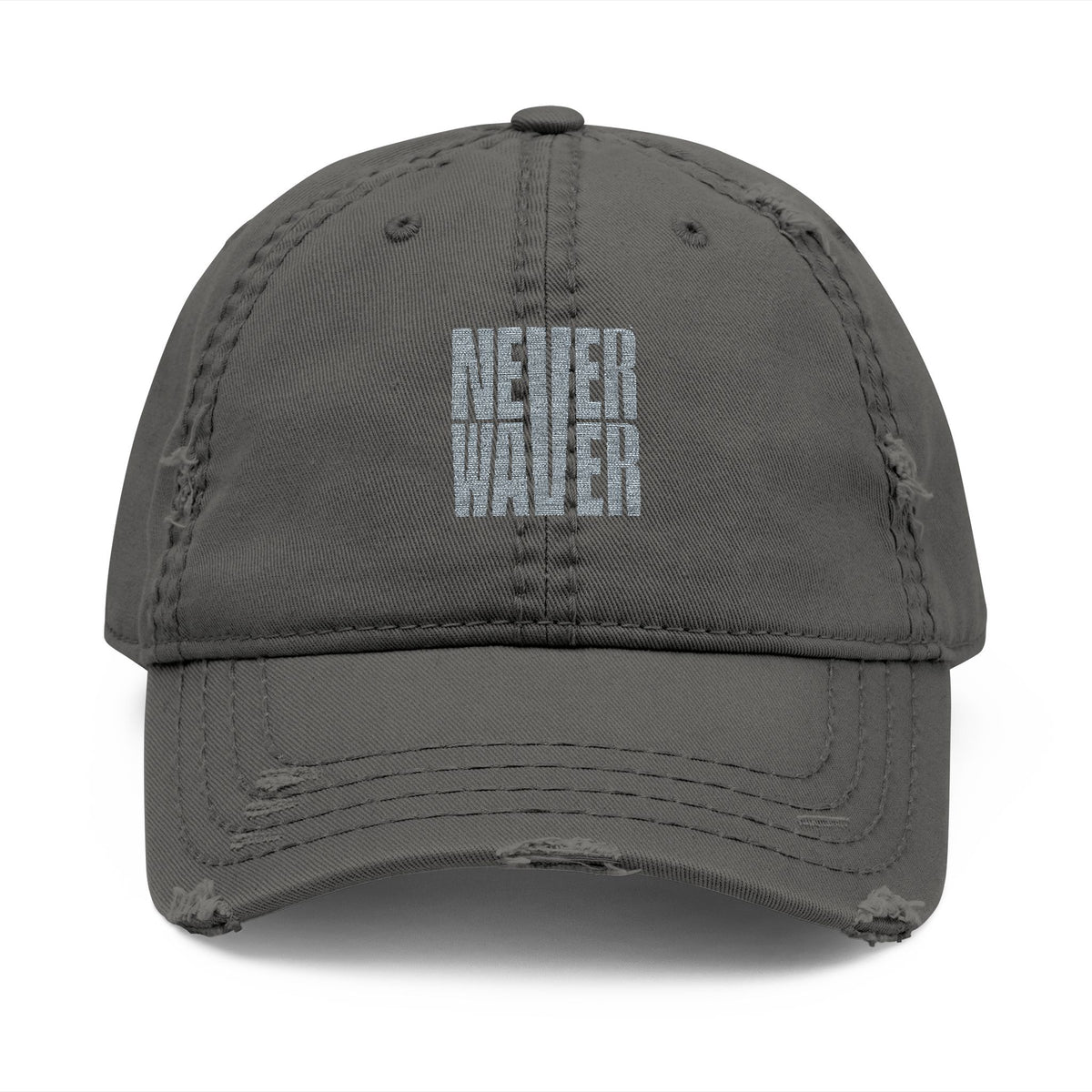 Distressed Dad Hat with 'Never Waver' Embroidery - Casual Style for Everyday Adventures by Printify