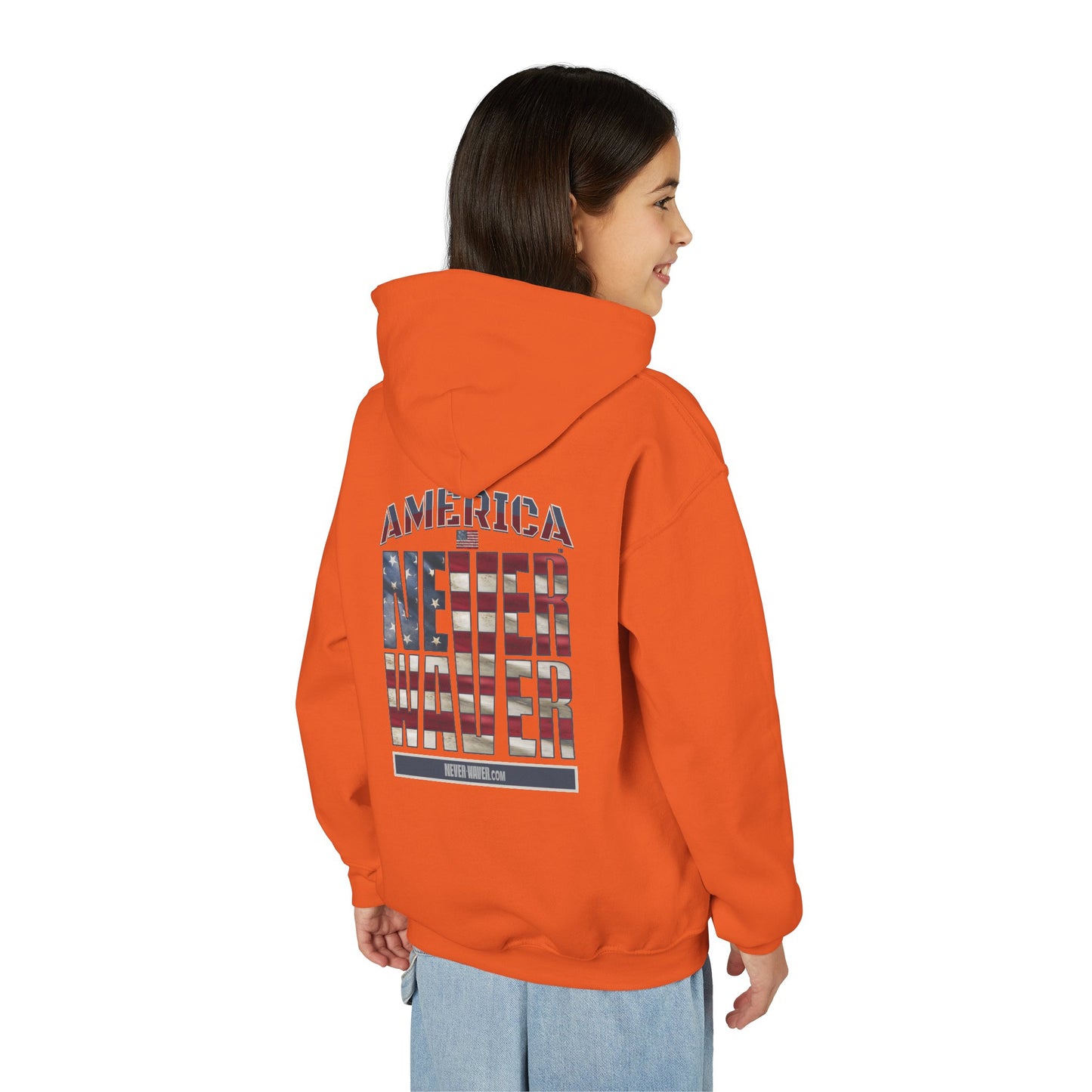 "America Never Waver " Motivational Sweatshirt Youth Heavy Blend Hoodie