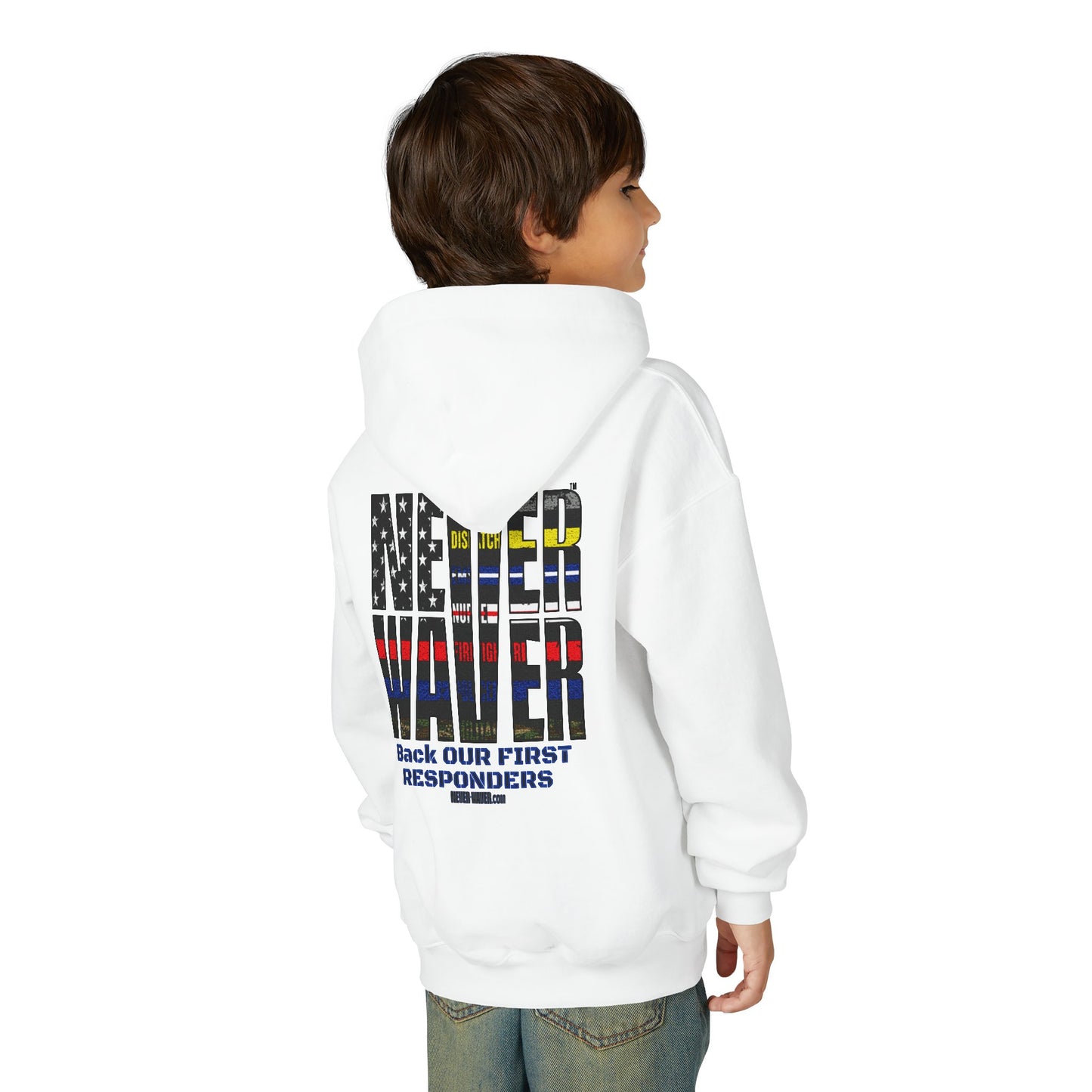 Never Waver Always Back Our First Responders Vintage-Inspired Youth Hoodie with American Flag Design