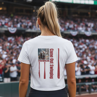 Women's Crop Tee — "Never Waver" Baseball Graphic Tee (Came Out Swinging)