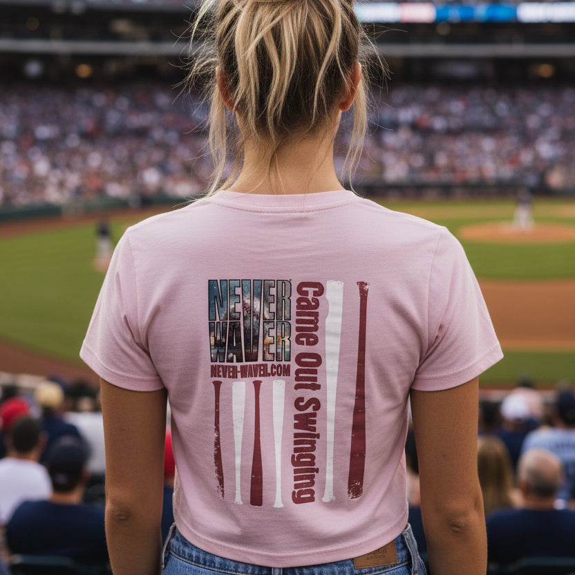 Women's Crop Tee — "Never Waver" Baseball Graphic Tee (Came Out Swinging)