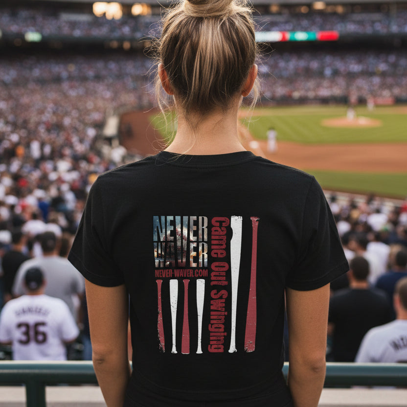 Women's Crop Tee — "Never Waver" Baseball Graphic Tee (Came Out Swinging)