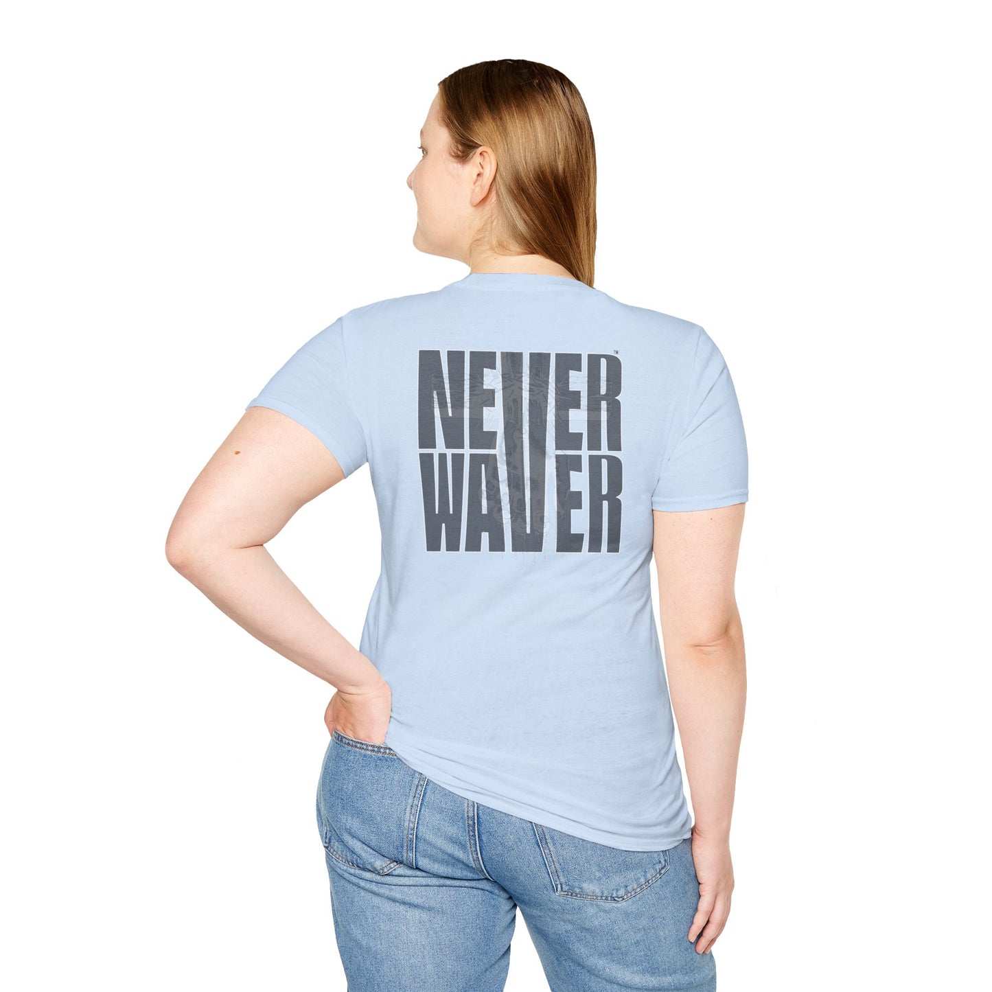Never Waver” Jesus a bold, eye-catching design that reflects a steadfast faith and confidence in Christ. Unisex Soft style T-Shirt