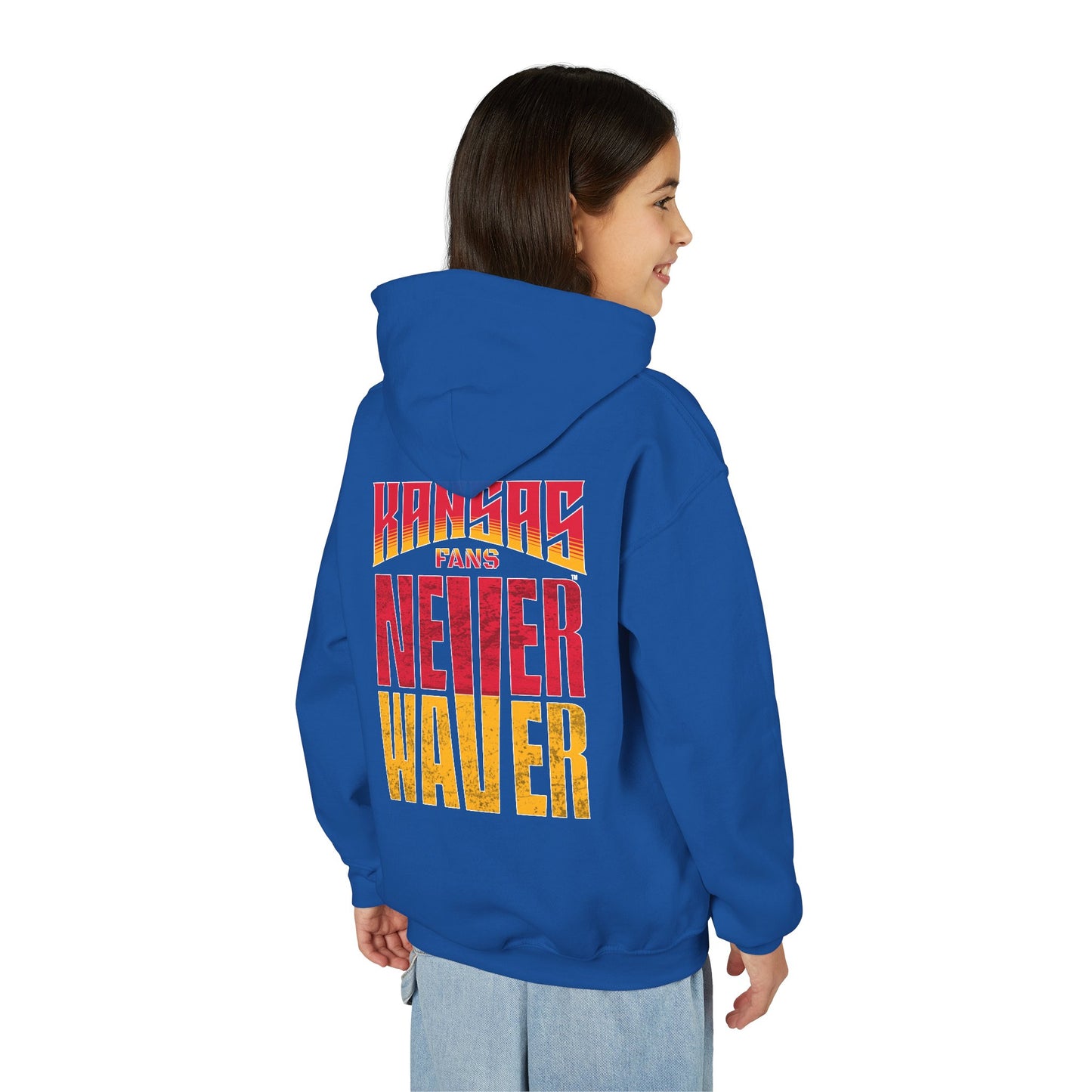 Kansas Fans Never Waver Youth Heavy Blend Hooded Sweatshirt