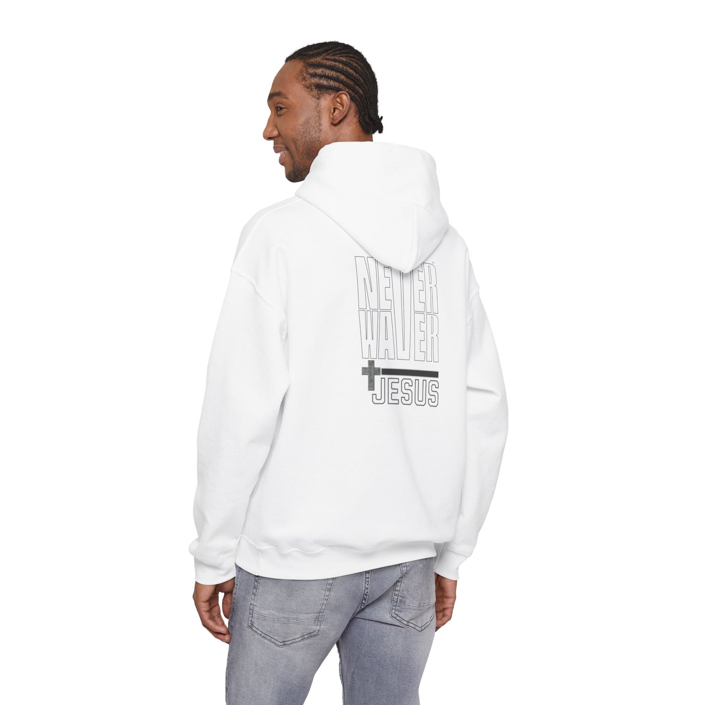 Never Waver” Jesus a bold, eye-catching design that reflects a steadfast faith and confidence in Christ. Hoodie - Unisex Heavy Blend™ Sweatshirt