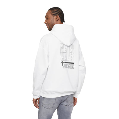 Never Waver” Jesus a bold, eye-catching design that reflects a steadfast faith and confidence in Christ. Hoodie - Unisex Heavy Blend™ Sweatshirt