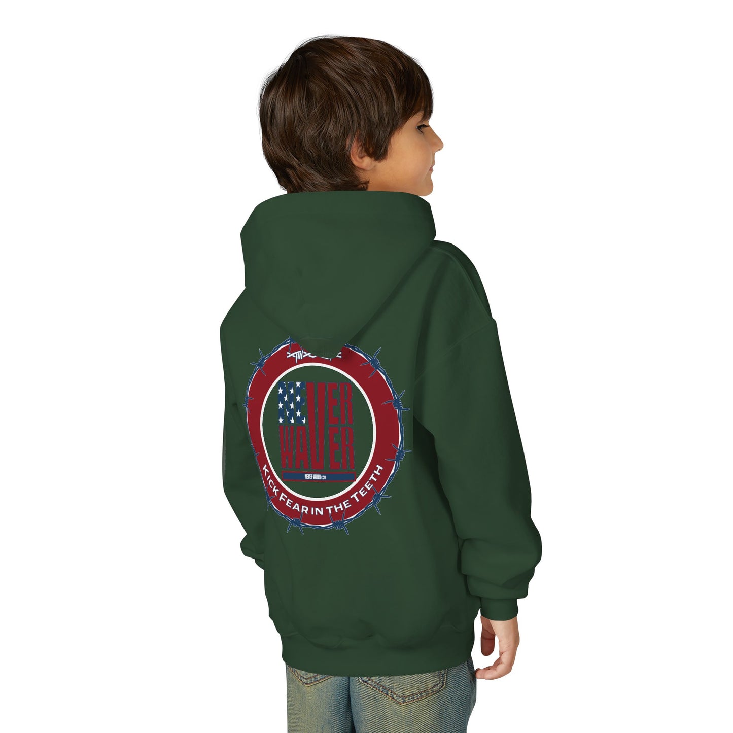 NEVER WAVER KICK FEAR IN THE TEETH Youth Heavy Blend Hooded Sweatshirt