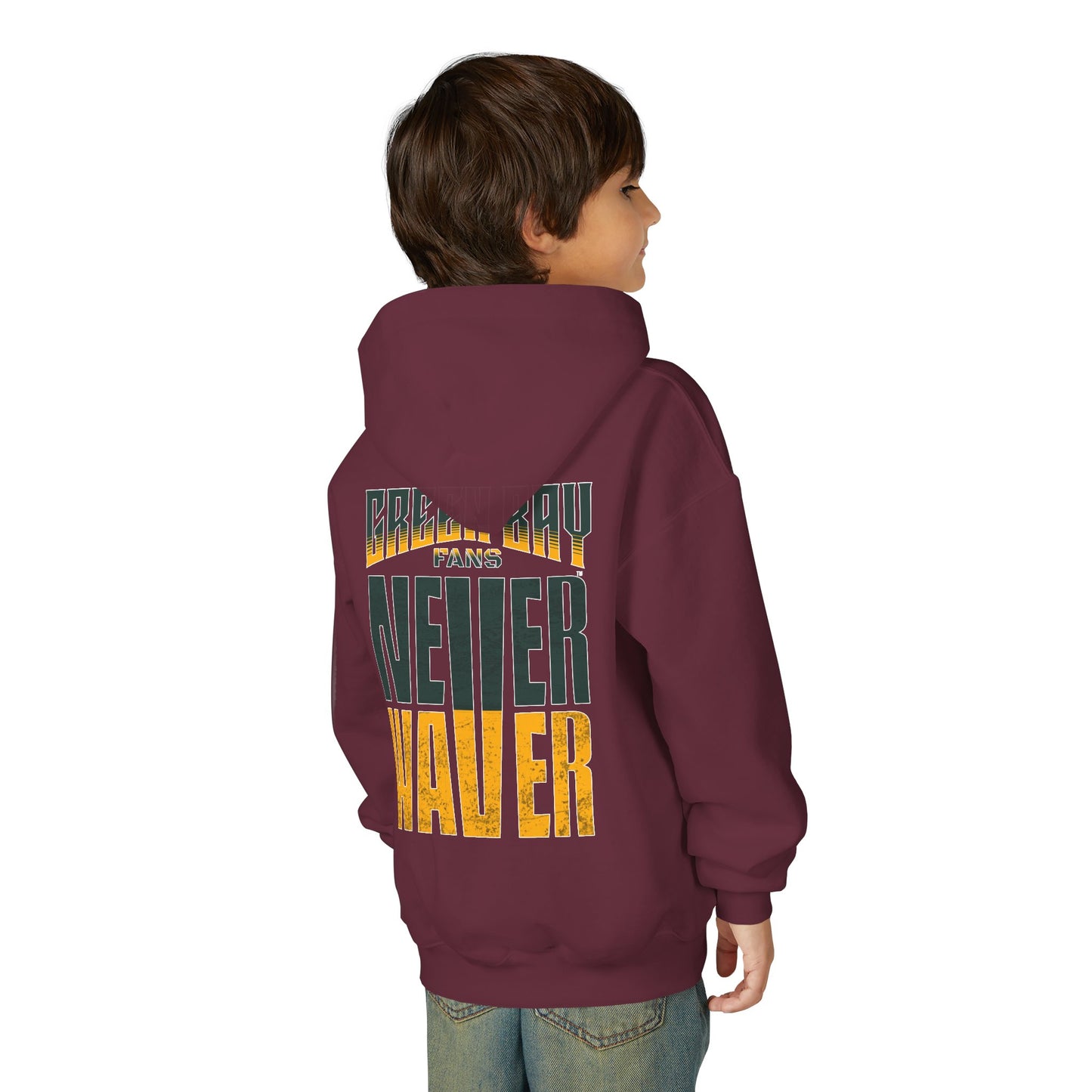 Green Bay Fans Never Waver Youth Heavy Blend Hooded Sweatshirt