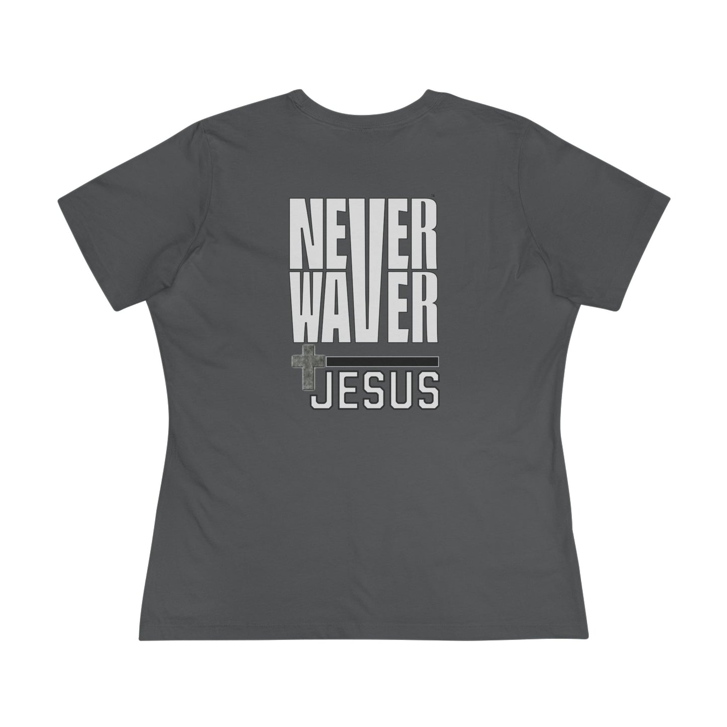 Never Waver” Jesus bold, eye-catching design that reflects a steadfast faith and confidence in Christ. Women's Cotton Tee