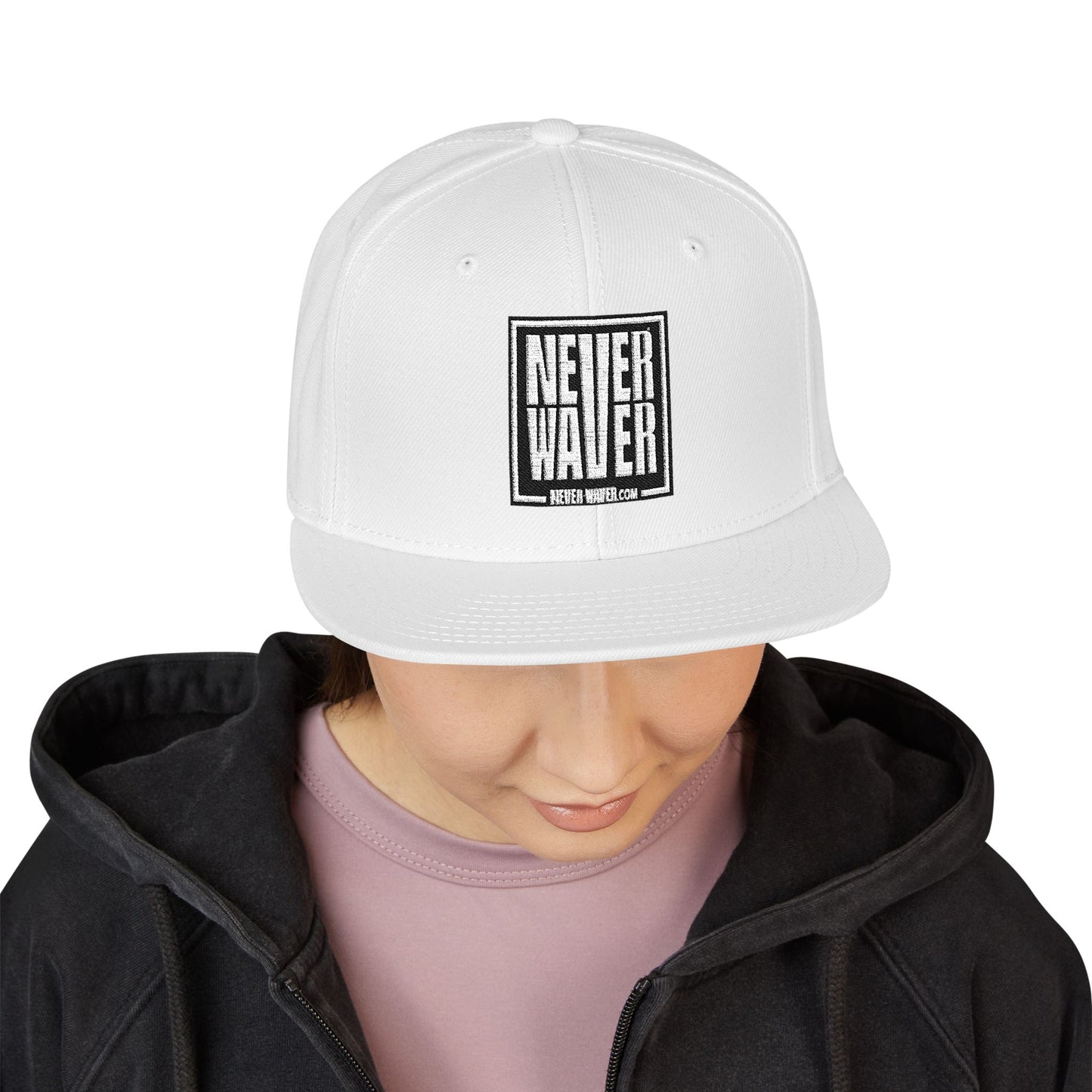 Never Waver Embroidered Square Script Snapback Hat — Bold Monochrome Streetwear