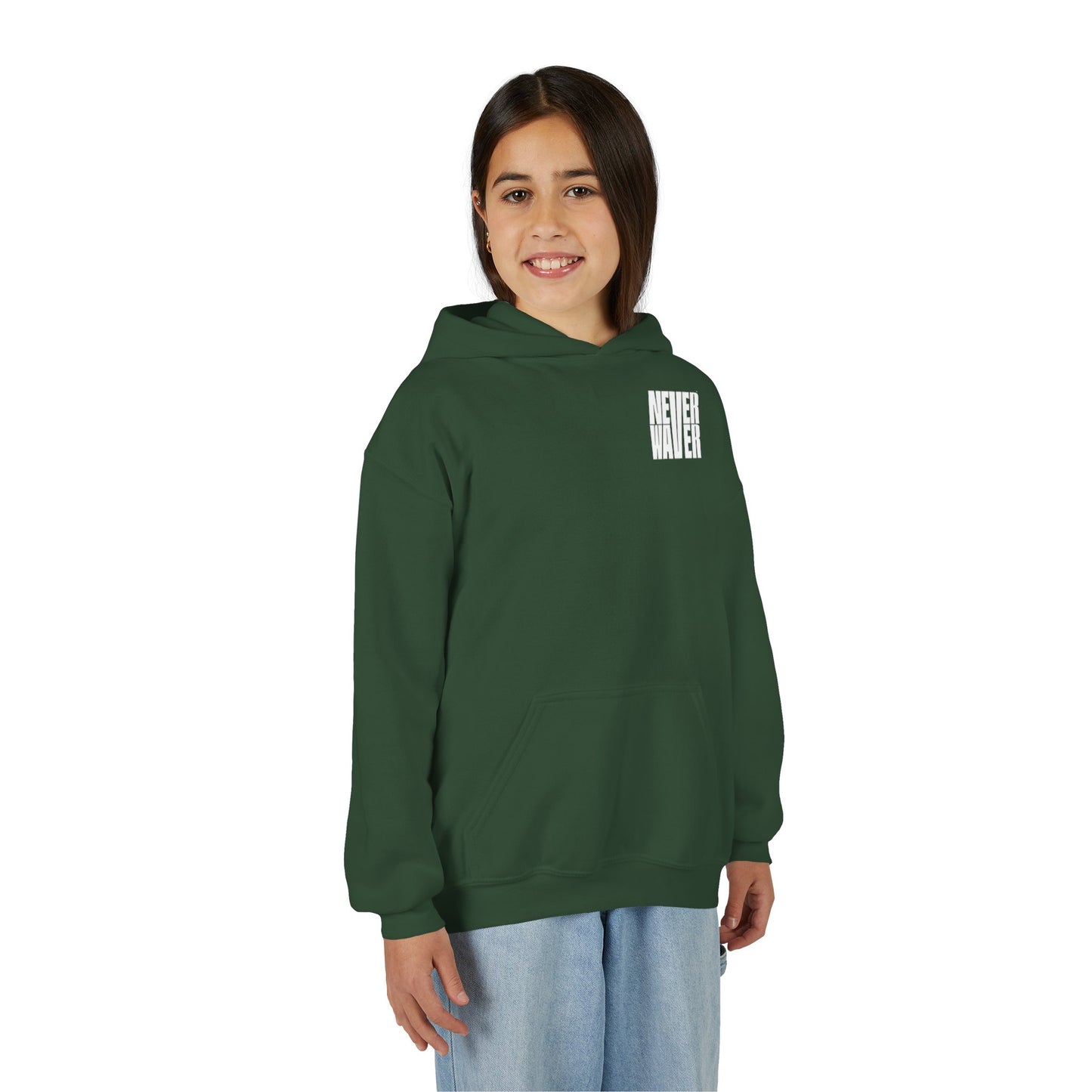 Youth Jesus Hoodie - "Never Waver” Jesus bold, eye-catching design that reflects a steadfast faith and confidence in Christ. " Sweatshirt for Young Jesus Lovers