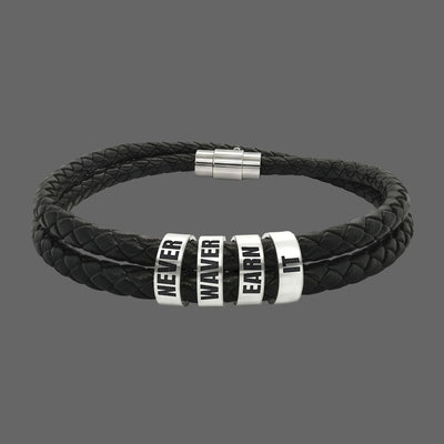 Never Waver Engraved Leather Beaded Bracelet