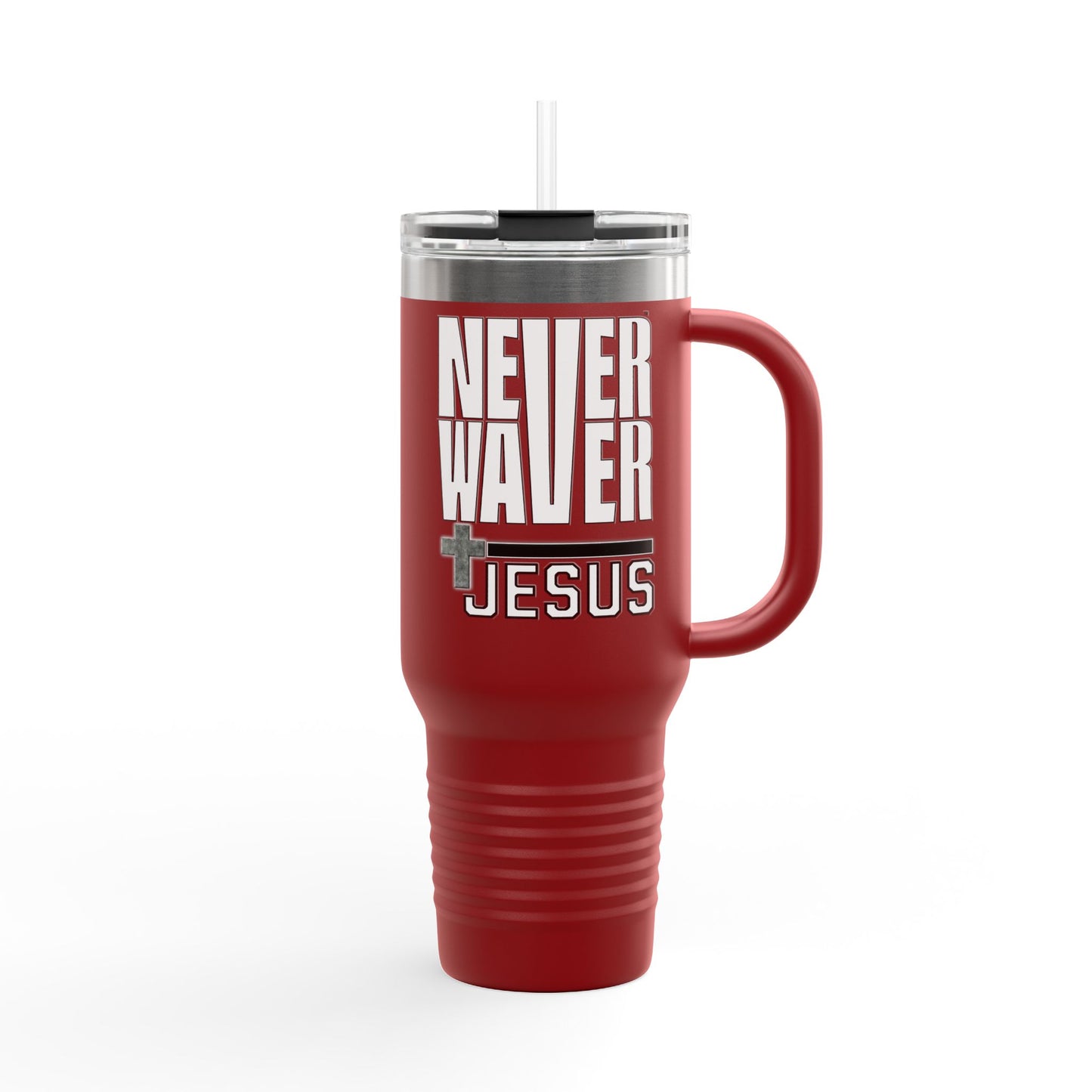 "Never Waver” Jesus Insulated Travel Mug -a bold, eye-catching design that reflects a steadfast faith and confidence in Christ. " - 40oz Sporty Drinkware
