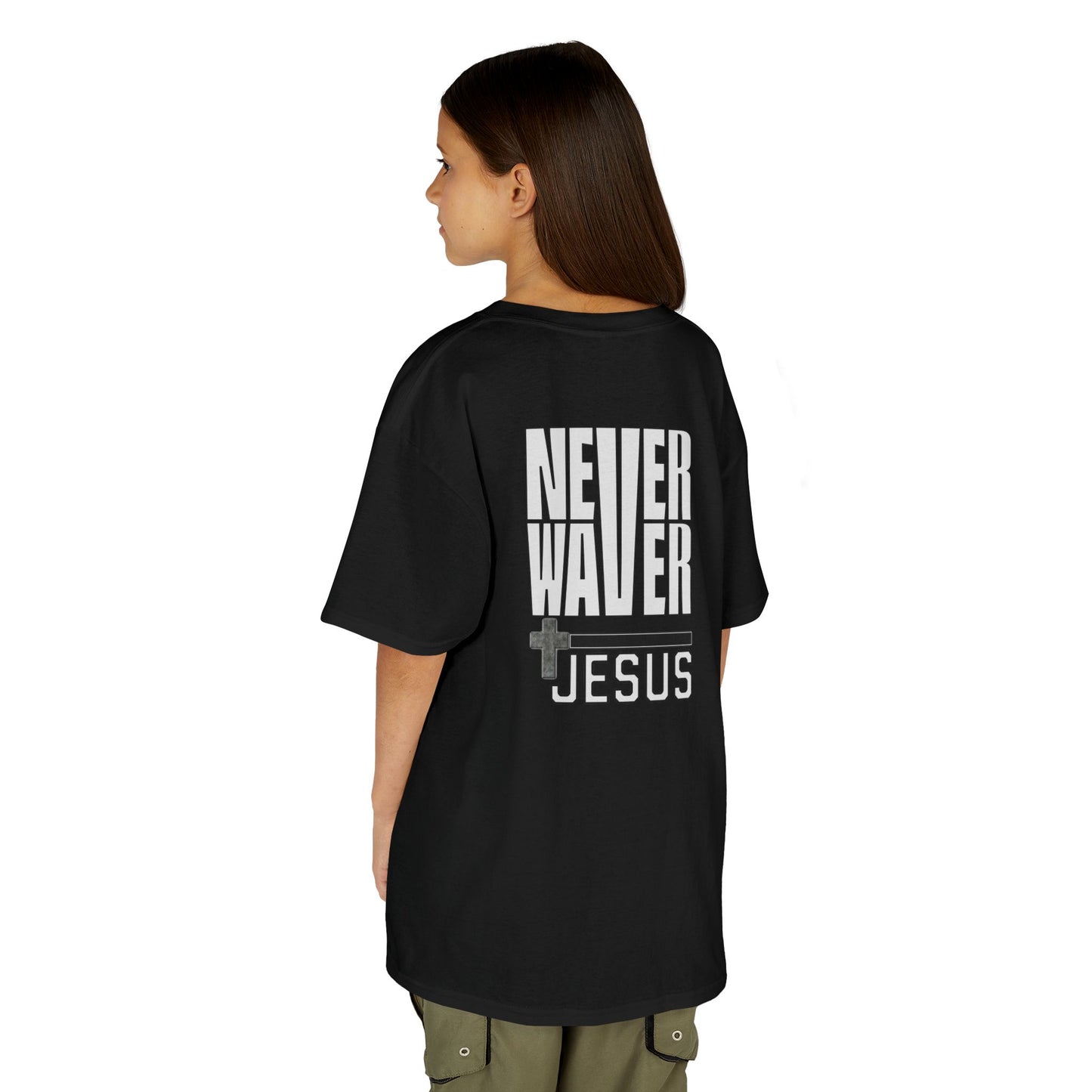 Never Waver” Jesus a bold, eye-catching design that reflects a steadfast faith and confidence in Christ.