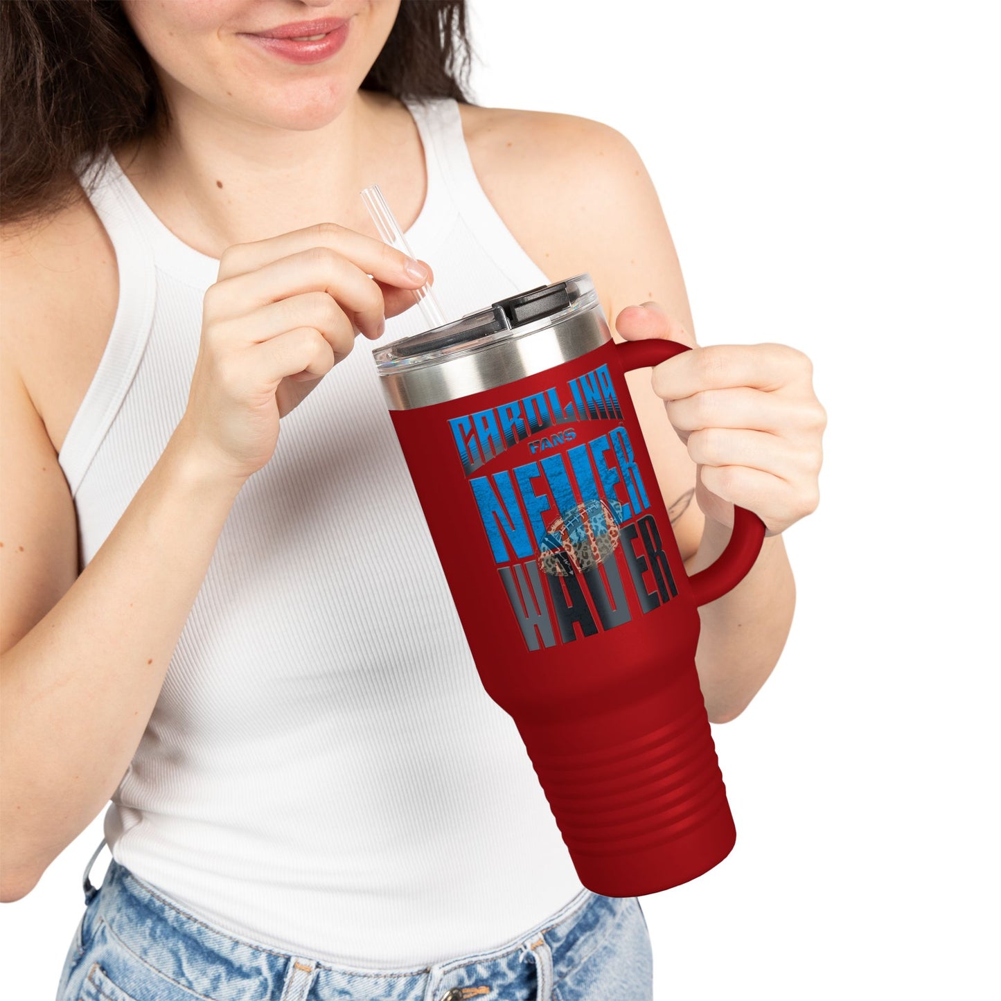Carolina Fans Never Waver W- Leopard Football Insulated Travel Mug, 40oz