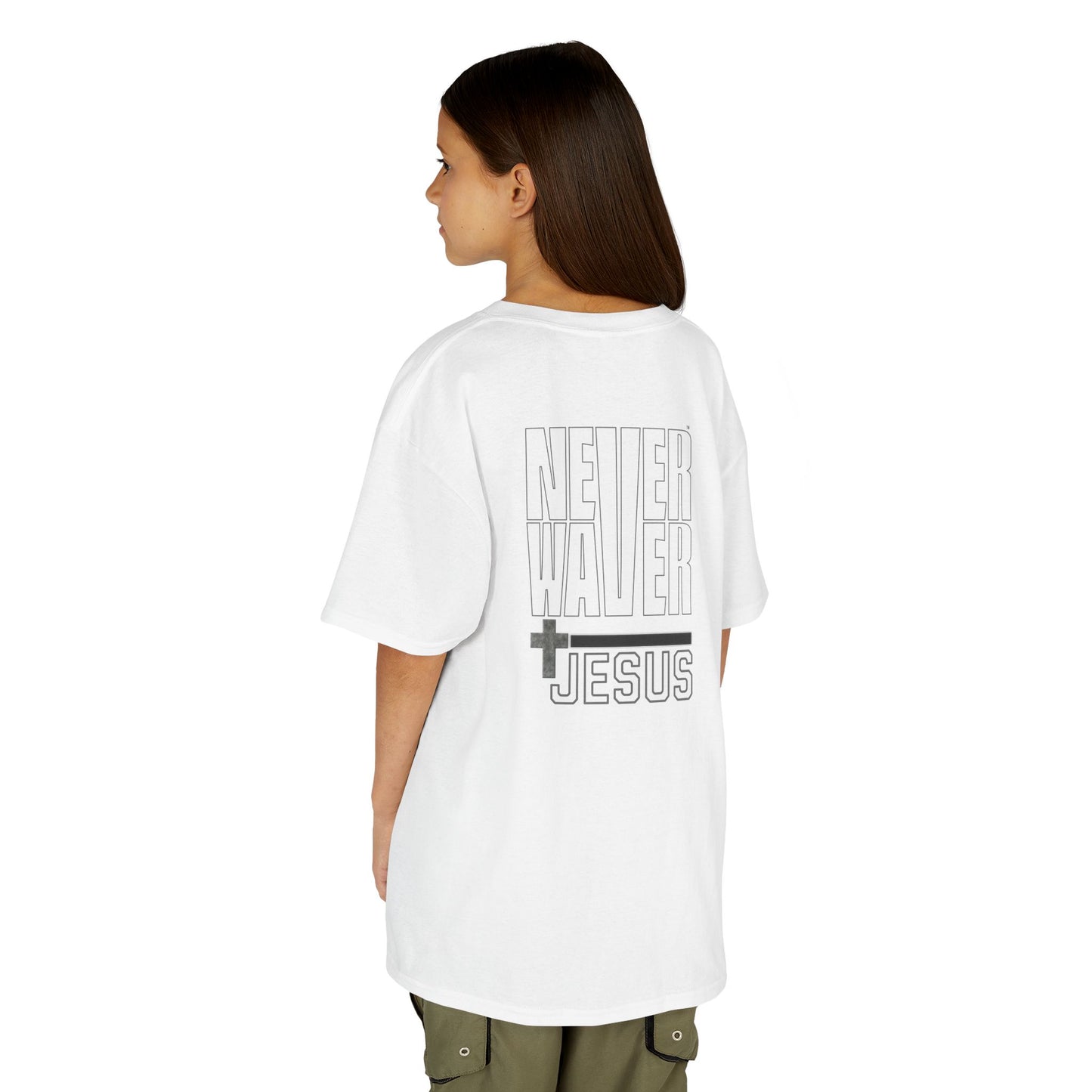 Never Waver” Jesus a bold, eye-catching design that reflects a steadfast faith and confidence in Christ.