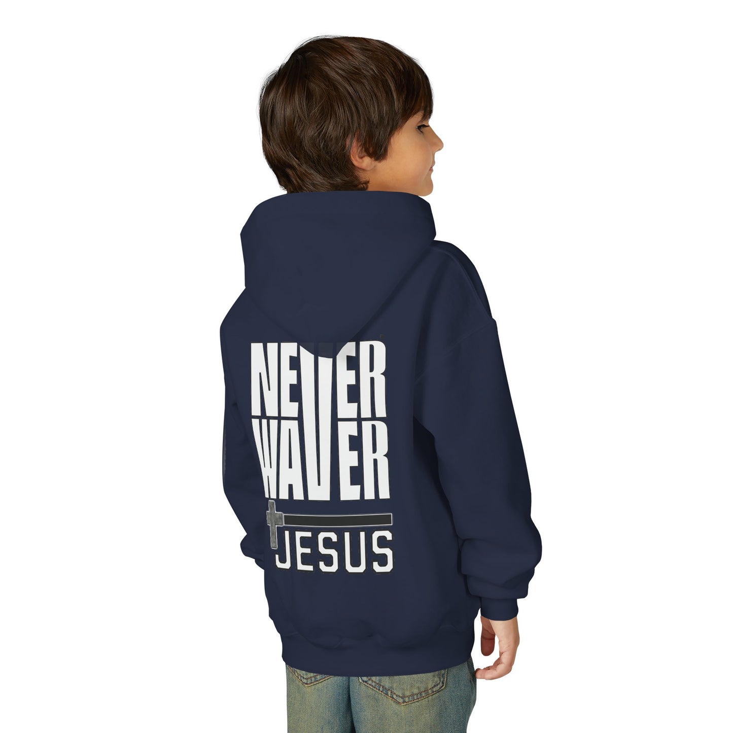 Youth Jesus Hoodie - "Never Waver” Jesus bold, eye-catching design that reflects a steadfast faith and confidence in Christ. " Sweatshirt for Young Jesus Lovers