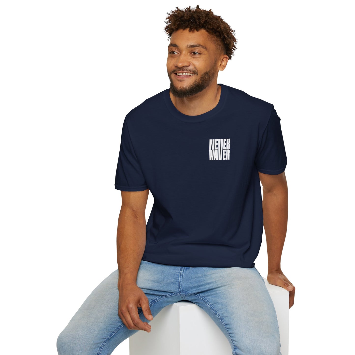 Never Waver” Jesus a bold, eye-catching design that reflects a steadfast faith and confidence in Christ.  Unisex Soft style T-Shirt