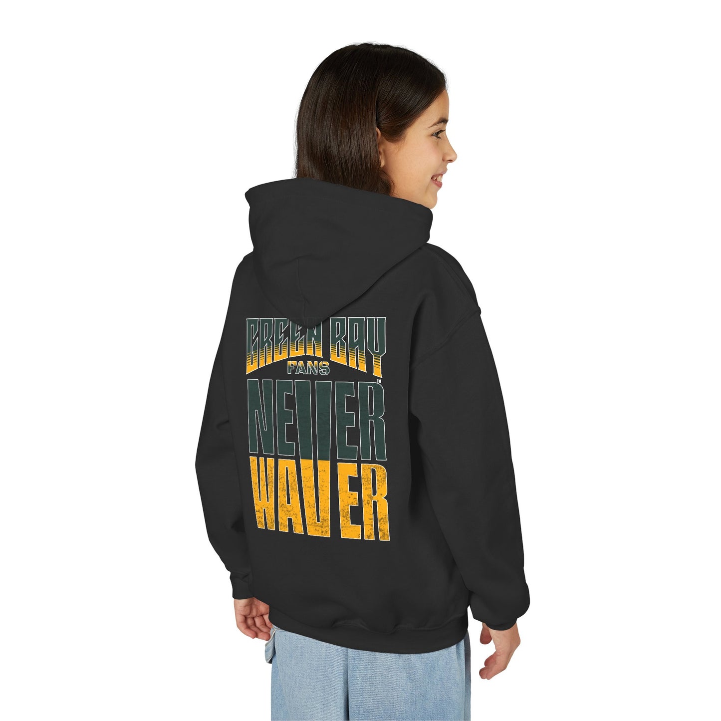Green Bay Fans Never Waver Youth Heavy Blend Hooded Sweatshirt