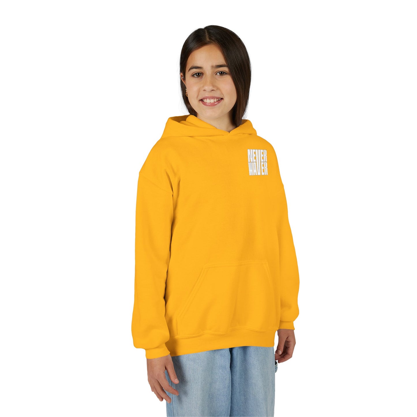 Youth Jesus Hoodie - "Never Waver” Jesus bold, eye-catching design that reflects a steadfast faith and confidence in Christ. " Sweatshirt for Young Jesus Lovers