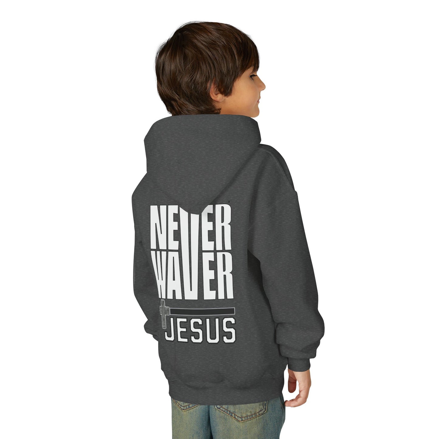 Youth Jesus Hoodie - "Never Waver” Jesus bold, eye-catching design that reflects a steadfast faith and confidence in Christ. " Sweatshirt for Young Jesus Lovers