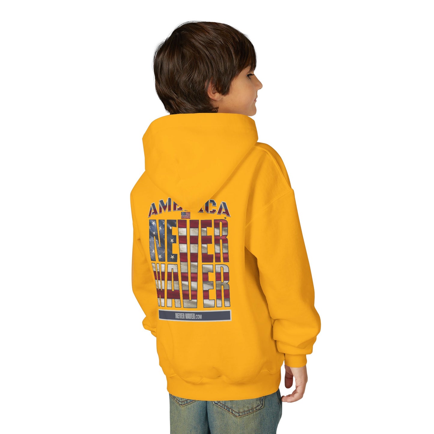 "America Never Waver " Motivational Sweatshirt Youth Heavy Blend Hoodie