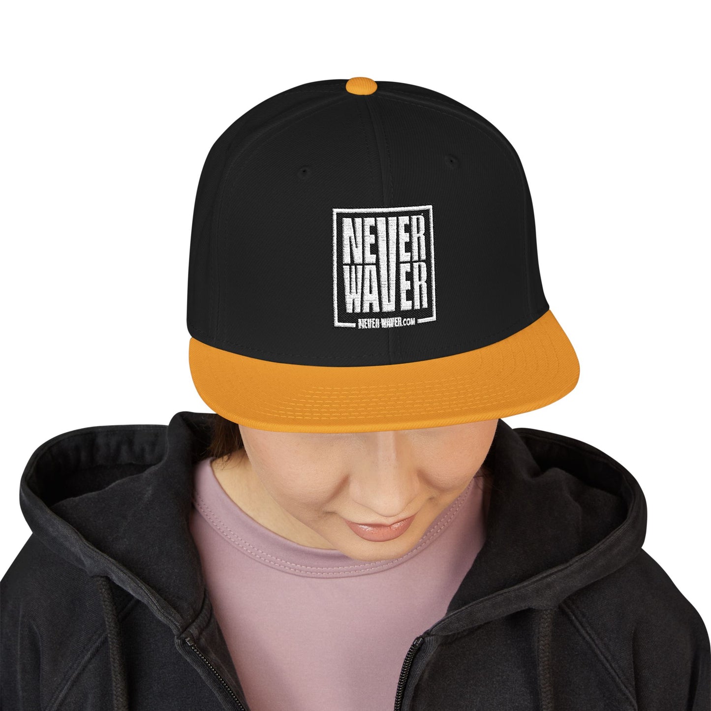 Never Waver Embroidered Square Script Snapback Hat — Bold Monochrome Streetwear