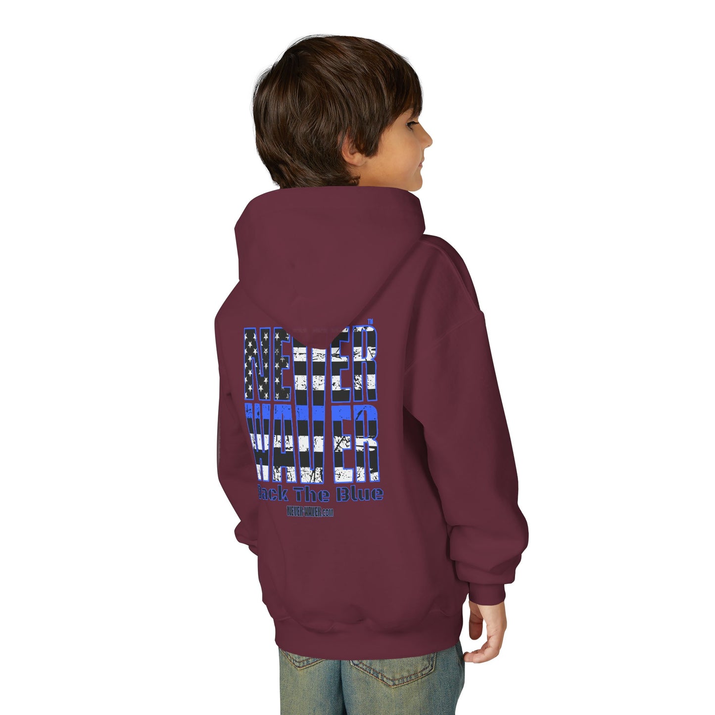 Never Waver Back The Blue  Vintage-Inspired Youth Hoodie with American Flag Design