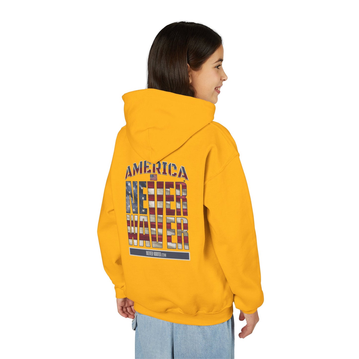"America Never Waver " Motivational Sweatshirt Youth Heavy Blend Hoodie