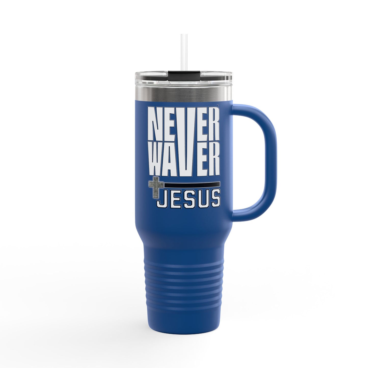 "Never Waver” Jesus Insulated Travel Mug -a bold, eye-catching design that reflects a steadfast faith and confidence in Christ. " - 40oz Sporty Drinkware