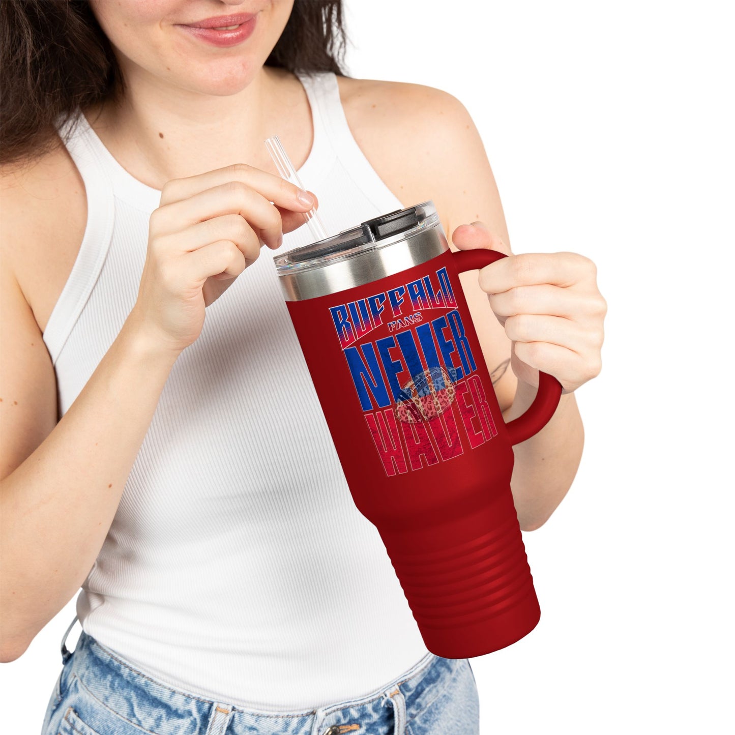 Buffalo Fans Never Waver W- Leopard football nsulated Travel Mug, 40oz