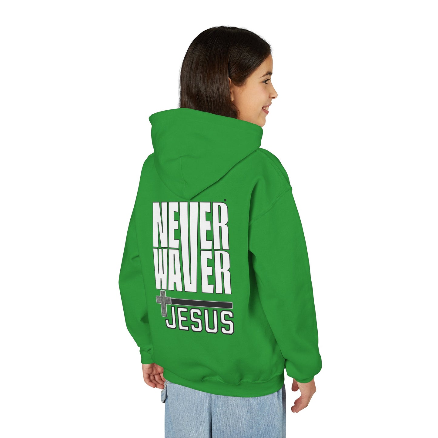 Youth Jesus Hoodie - "Never Waver” Jesus bold, eye-catching design that reflects a steadfast faith and confidence in Christ. " Sweatshirt for Young Jesus Lovers